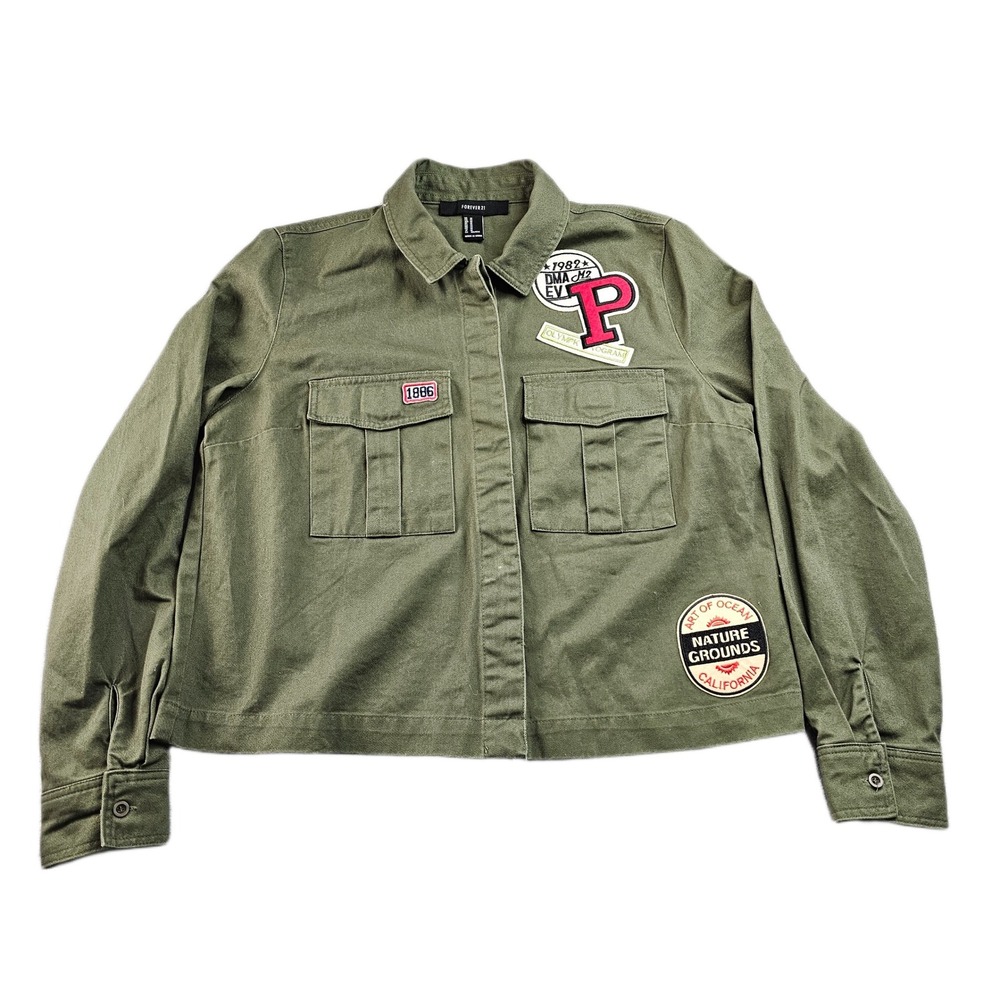 Forever 21 Military Shirt Jacket Womens Medium Green Patch‎ Utility Button Front